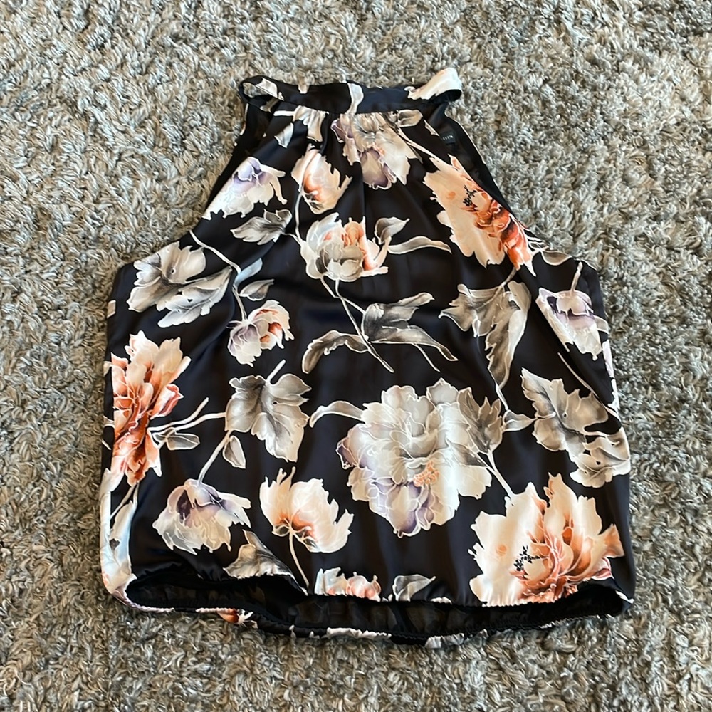 Black Floral White House Black Market Halter Neck Tank Top, Women’s L